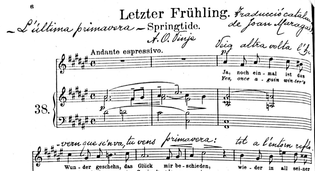 Traducció per cantar d'un Lied de Grieg de Joan Maragall, transcrit sobre una partitura.